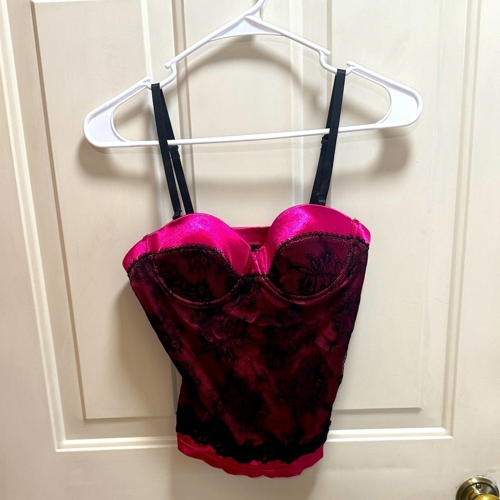 Vintage Hot Pink and Black Lace Adjustable Strap Bustier size S